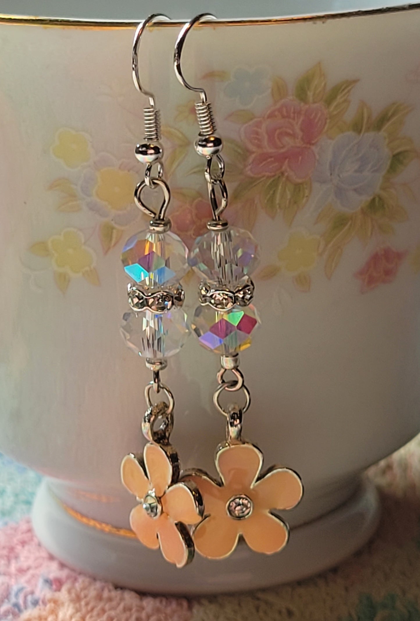 Peach Daisy Crystal Long Dangle Drop Pierced Earrings Silvertone