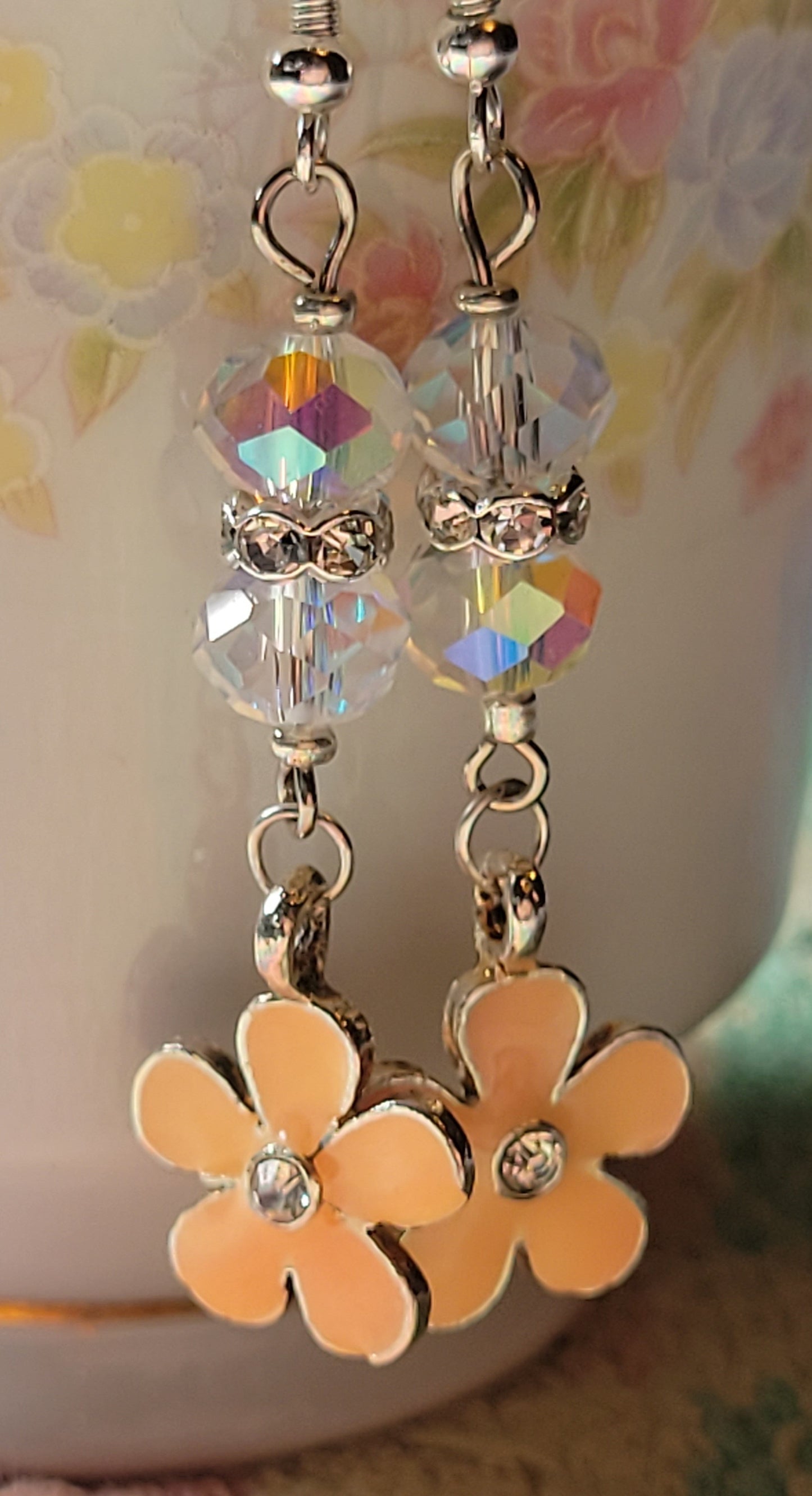 Peach Daisy Crystal Long Dangle Drop Pierced Earrings Silvertone
