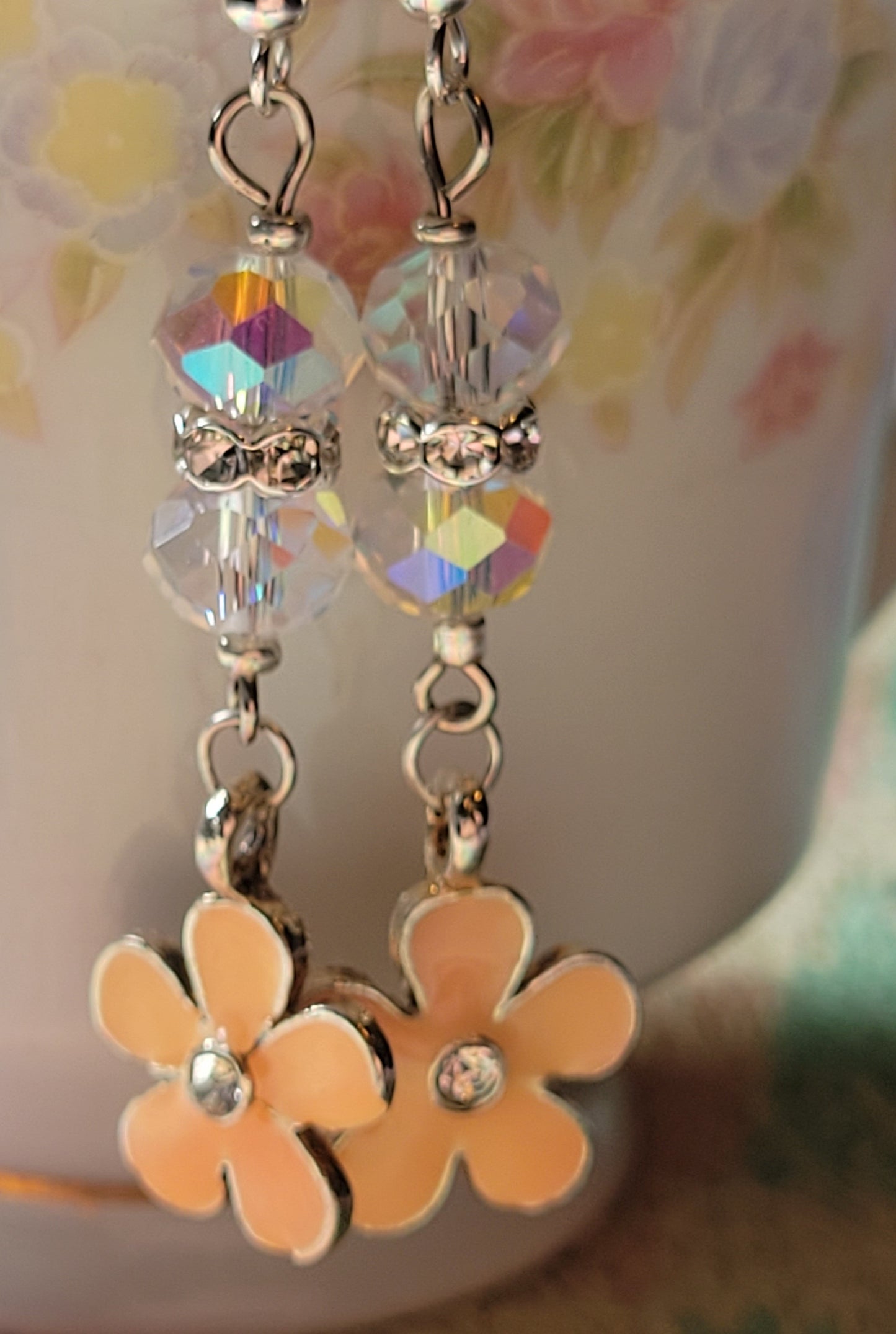 Peach Daisy Crystal Long Dangle Drop Pierced Earrings Silvertone