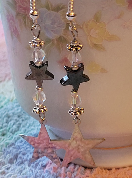 Artisan Dainty Silver STAR Clear CRYSTAL Dangle Drop Earrings Rhinestones