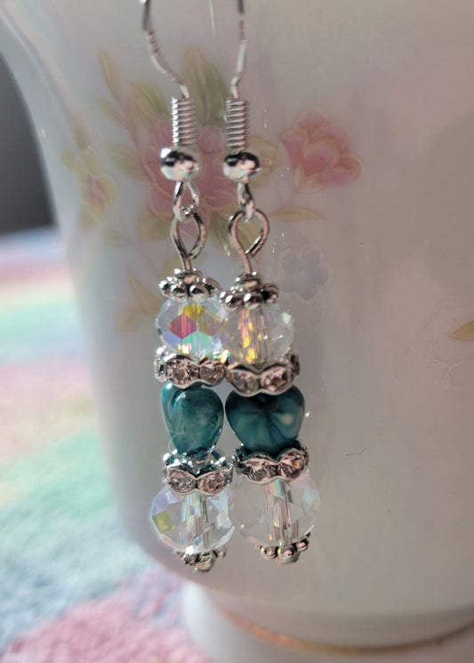 Artisan Elegant Turquoise Heart Crystal Rhinestone Dangle Earrings French Wire