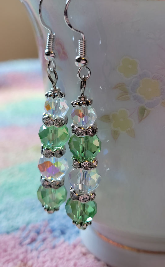 Artisan Light GREEN Crystal Dangle Silvertone Rhinestone  Earrings French Wire