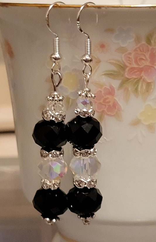 Artisan Elegant BLACK & CLEAR  Crystal Dangle Rhinestone Silver PiercedEarrings