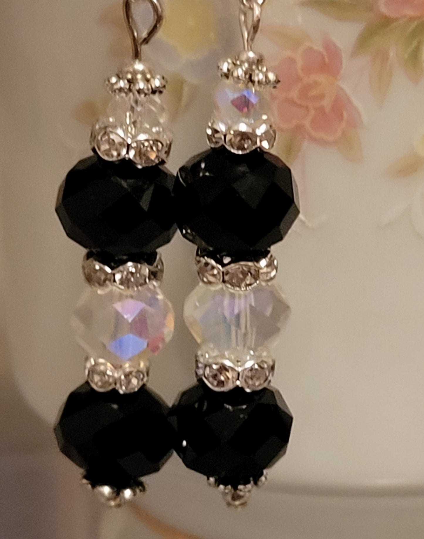 Artisan Elegant BLACK & CLEAR  Crystal Dangle Rhinestone Silver PiercedEarrings