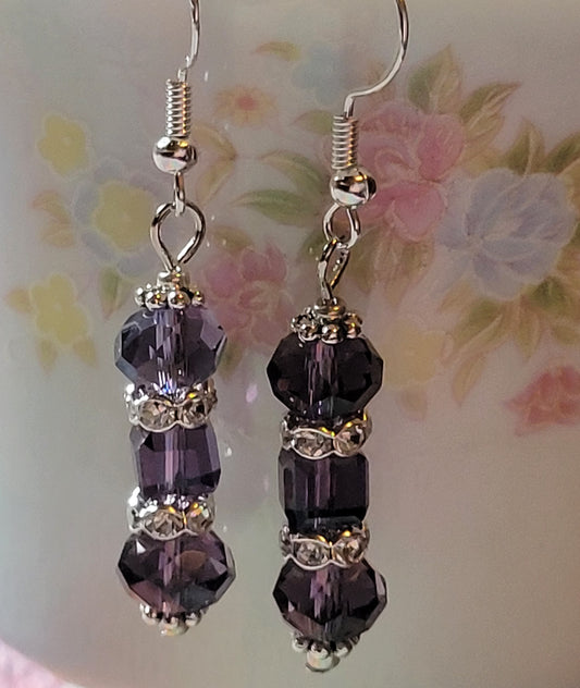 Artisan Elegant PURPLE Crystal Dangle Rhinestone Silver Earrings French Wire