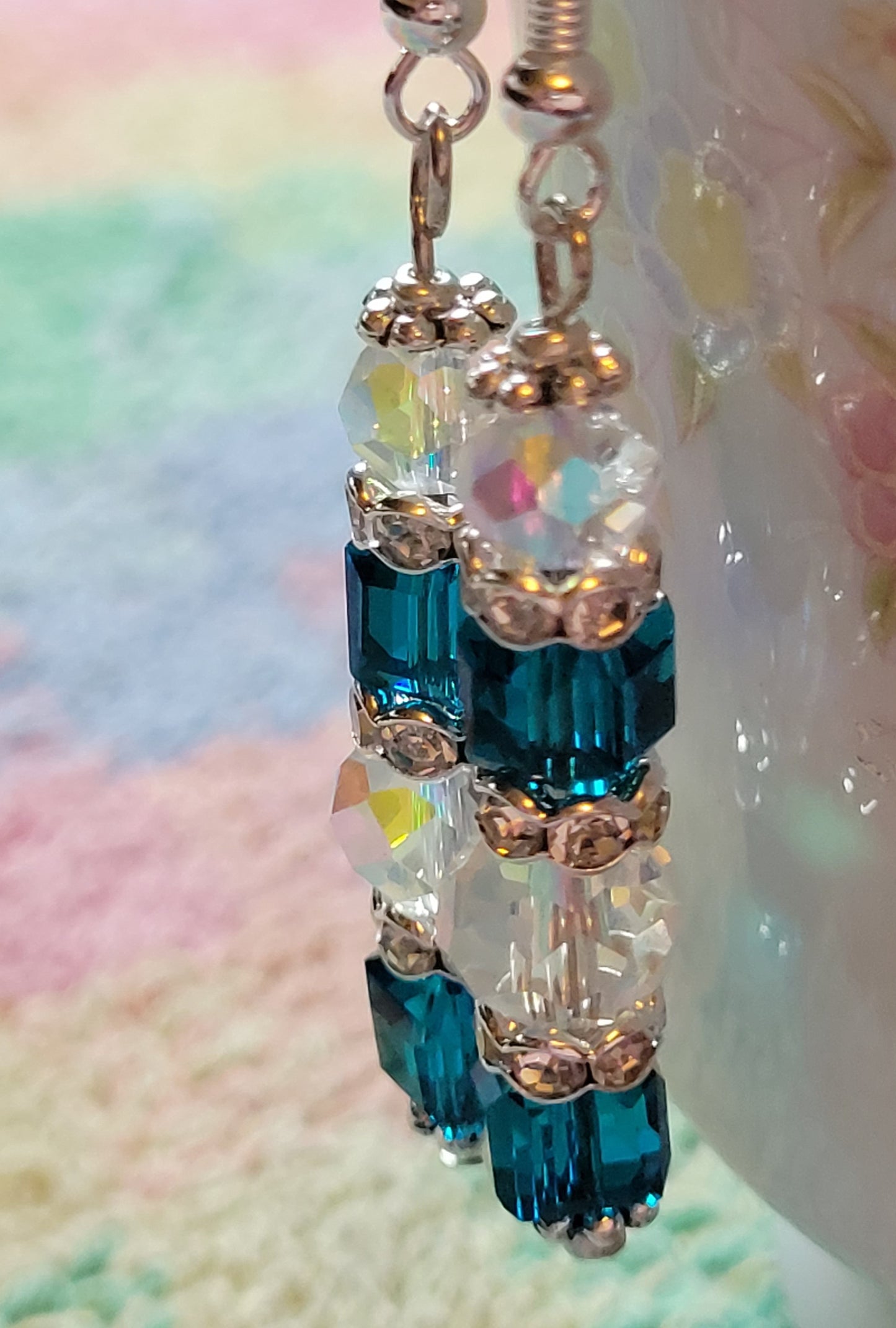 Artisan Elegant TEAL BLUE Crystal Dangle Silver Earrings French Wire Rhinestones