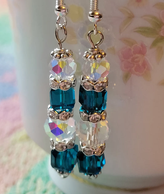 Artisan Elegant TEAL BLUE Crystal Dangle Silver Earrings French Wire Rhinestones