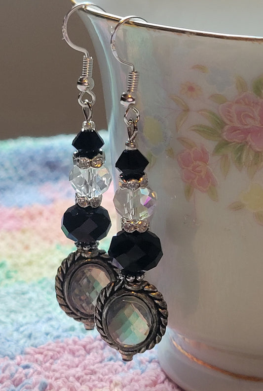 Artisan EXOTIC BLACK Crystal Rhinestone Dangle Drop Silver Earrings French Wire