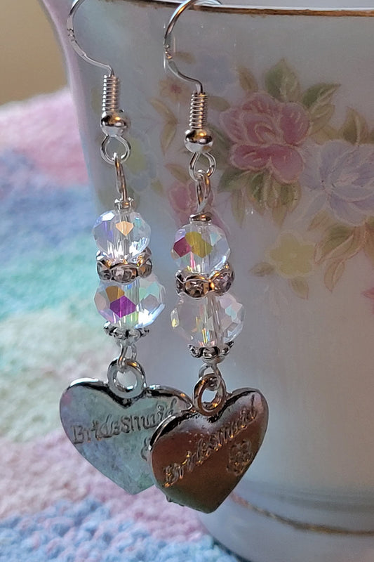 Artisan BRIDESMAID Silver HEART Clear  Crystal Dangle Drop Earrings Rhinestones