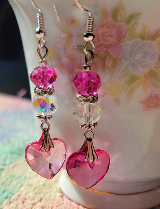Artisan Elegant HOT PINK HEART  Crystal Dangle Earrings French Wire