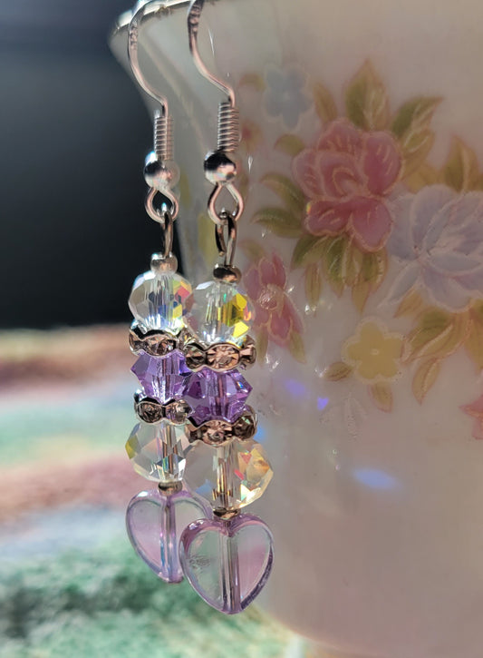 Artisan Elegant PURPLE HEART  Crystal Dangle Drop Earrings French Wire