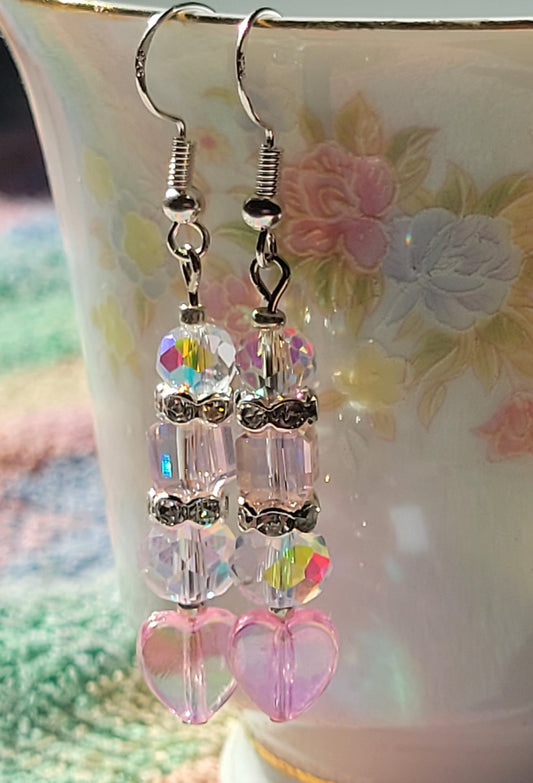 Artisan Elegant PINK  HEART  Crystal Dangle Drop Earrings French Wire