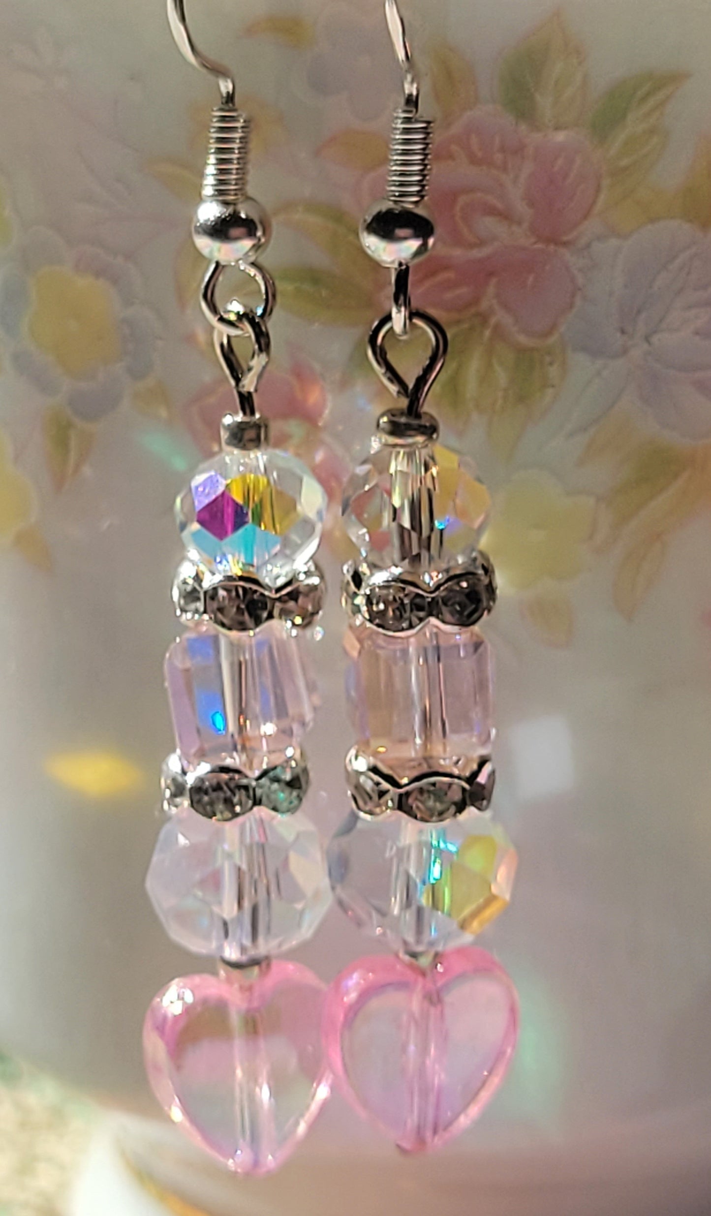 Artisan Elegant PINK  HEART  Crystal Dangle Drop Earrings French Wire