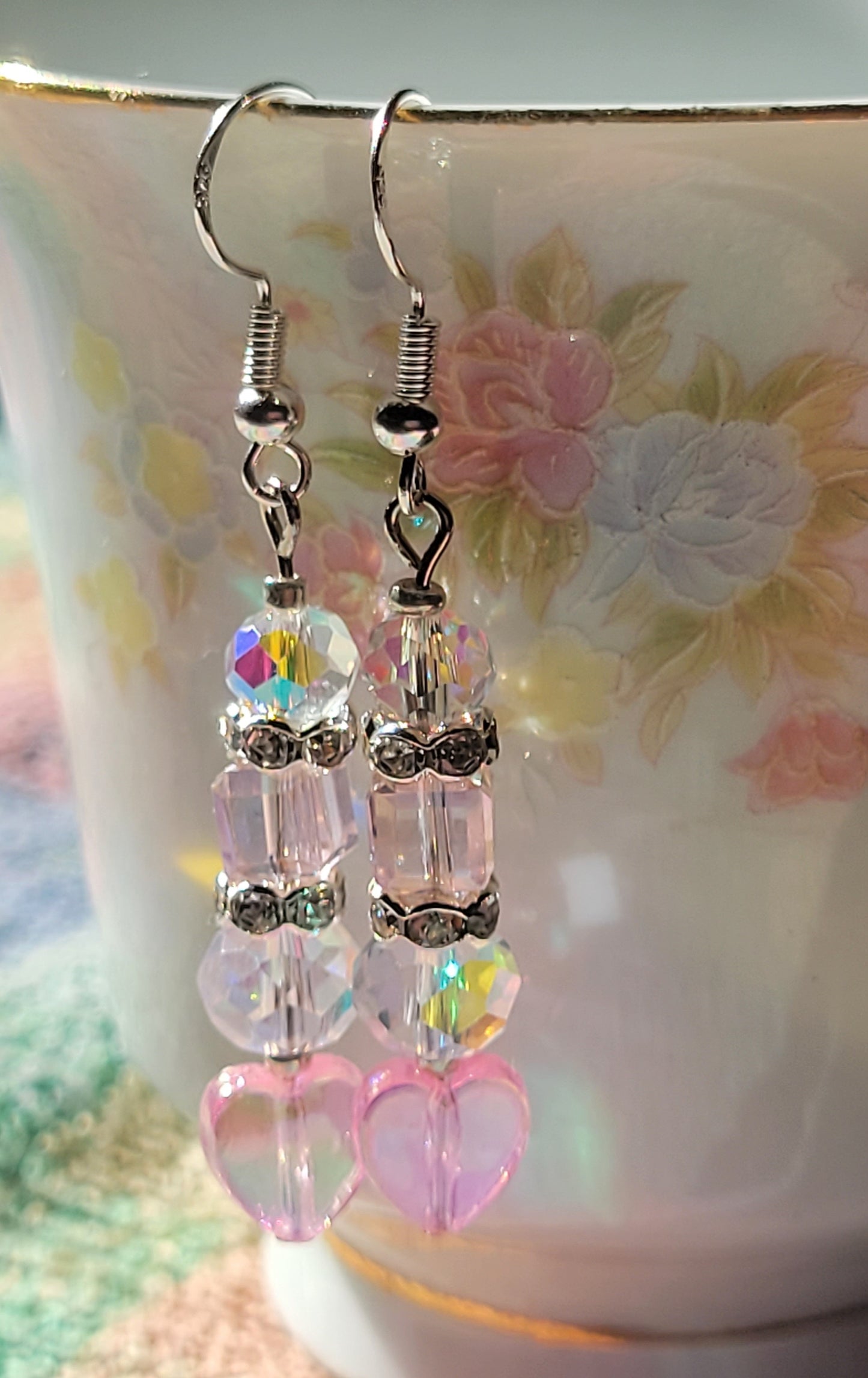 Artisan Elegant PINK  HEART  Crystal Dangle Drop Earrings French Wire