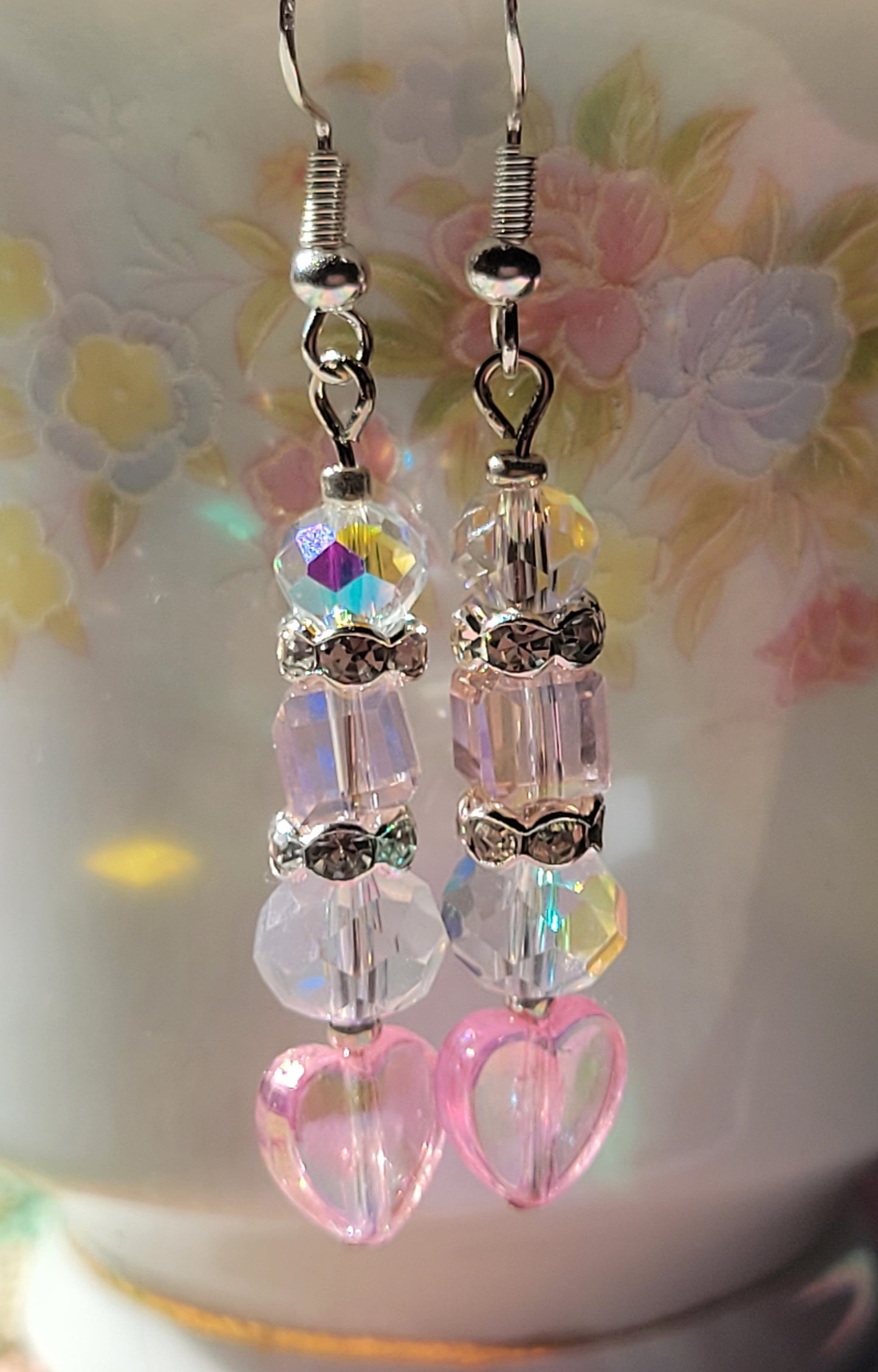 Artisan Elegant PINK  HEART  Crystal Dangle Drop Earrings French Wire