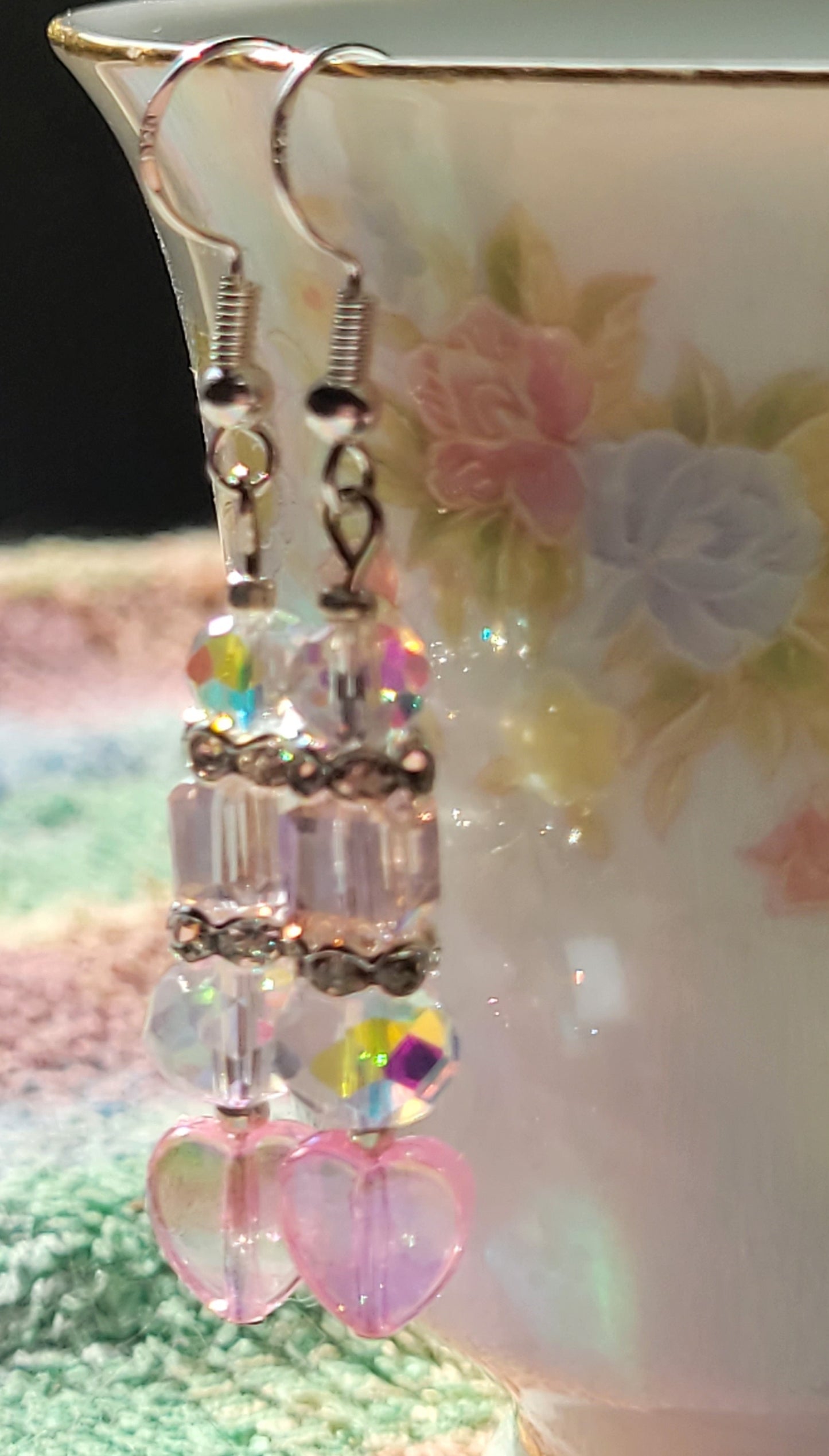 Artisan Elegant PINK  HEART  Crystal Dangle Drop Earrings French Wire