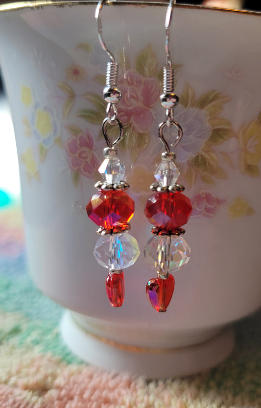 Artisan Elegant Dainty RED HEART  Crystal Dangle Drop Earrings French Wire