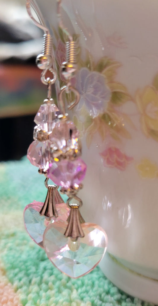 Artisan Elegant PINK  HEART  Crystal Dangle Earrings Silver French Wire