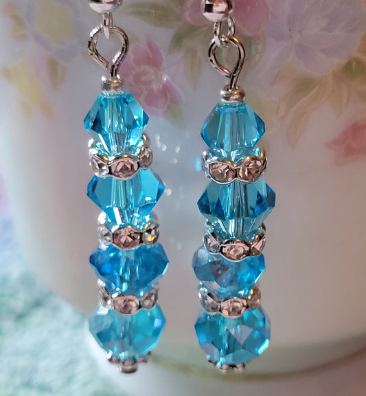 Artisan Elegant Vibrant Blue Crystal Dangle Drop Pierced French Wire Silver Earrings 💙