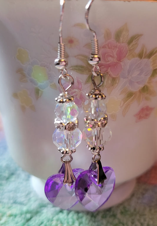 Artisan Elegant Clear & PURPLE HEART  Crystal Dangle Drop Earrings French Wire