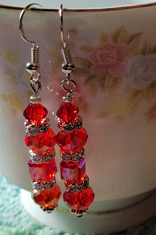 Artisan Exotic RED Crystal Dangle Drop Earrings French Wire Silver