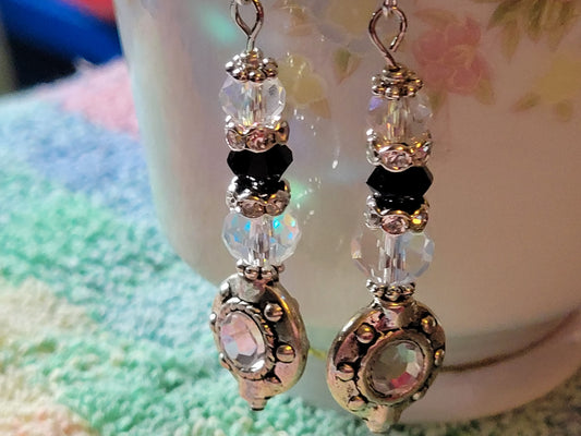 Artisan EXOTIC BLACK/Clear Crystal Rhinestone Dangle Silver French Wire