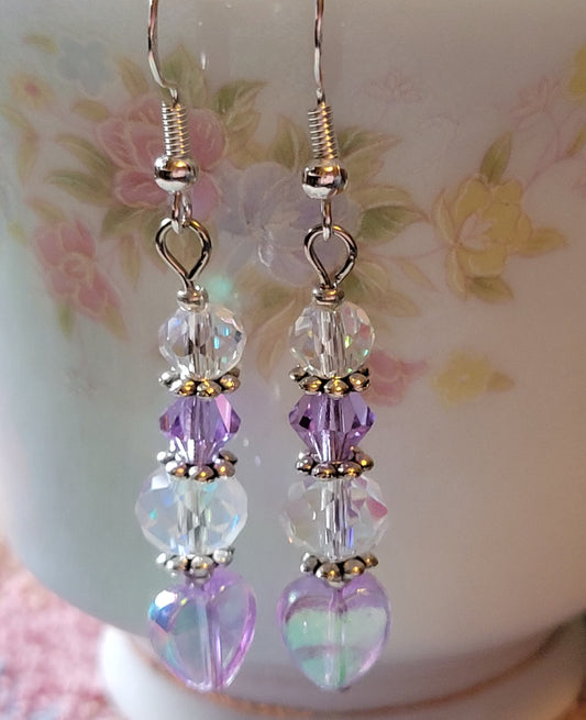 Artisan Slightly VIOLET  HEART  Crystal Dangle Drop Earrings French Wire