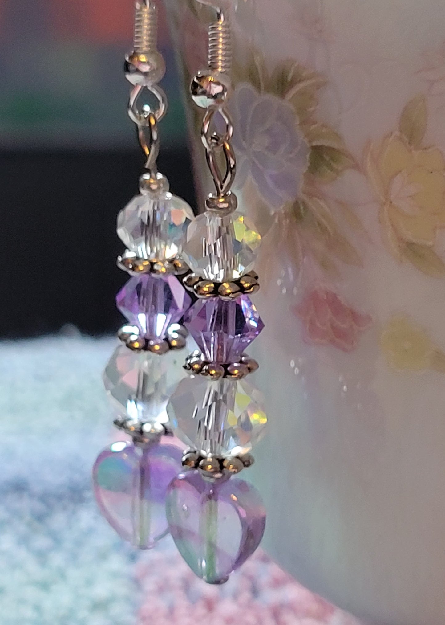 Artisan Slightly VIOLET  HEART  Crystal Dangle Drop Earrings French Wire