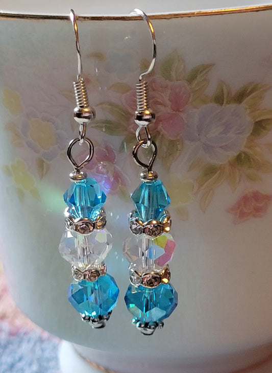 Artisan Elegance In BLUE Crystal Dangle Drop Silver Earrings French Wires