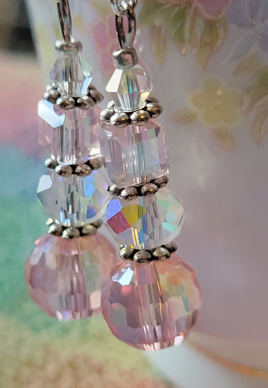 Artisan Pretty Silver Tone Pink & Clear Crystal Dangle Drop Fashion Earrings