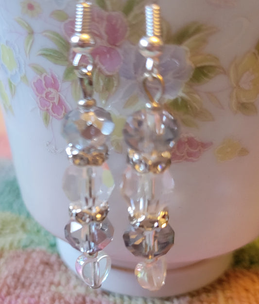 Artisan Elegant Light Gray HEART Crystal Rhinestone Dangle Silver Earrings