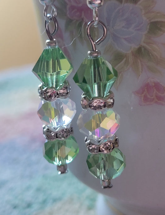 Artisan Light GREEN Crystal Dangle Silvertone Rhinestone  Earrings French Wire
