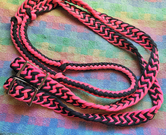 Barrel Reins Pink & Black Knotted Paracord By Tough-1 For Horse