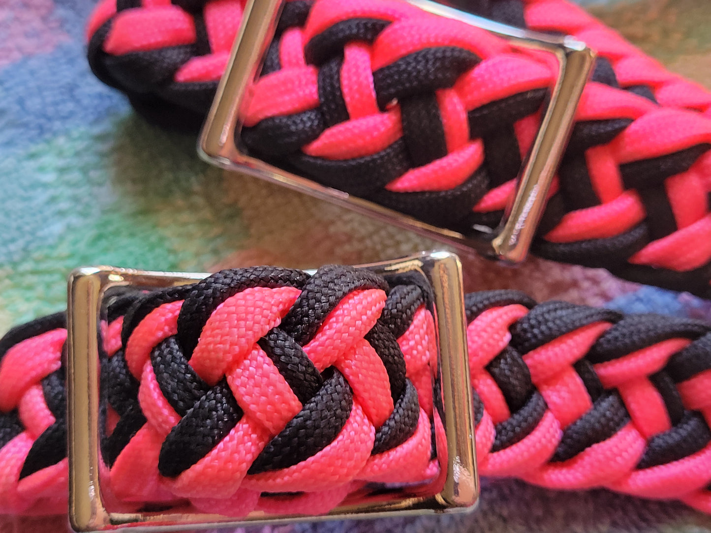 Barrel Reins Pink & Black Knotted Paracord By Tough-1 For Horse