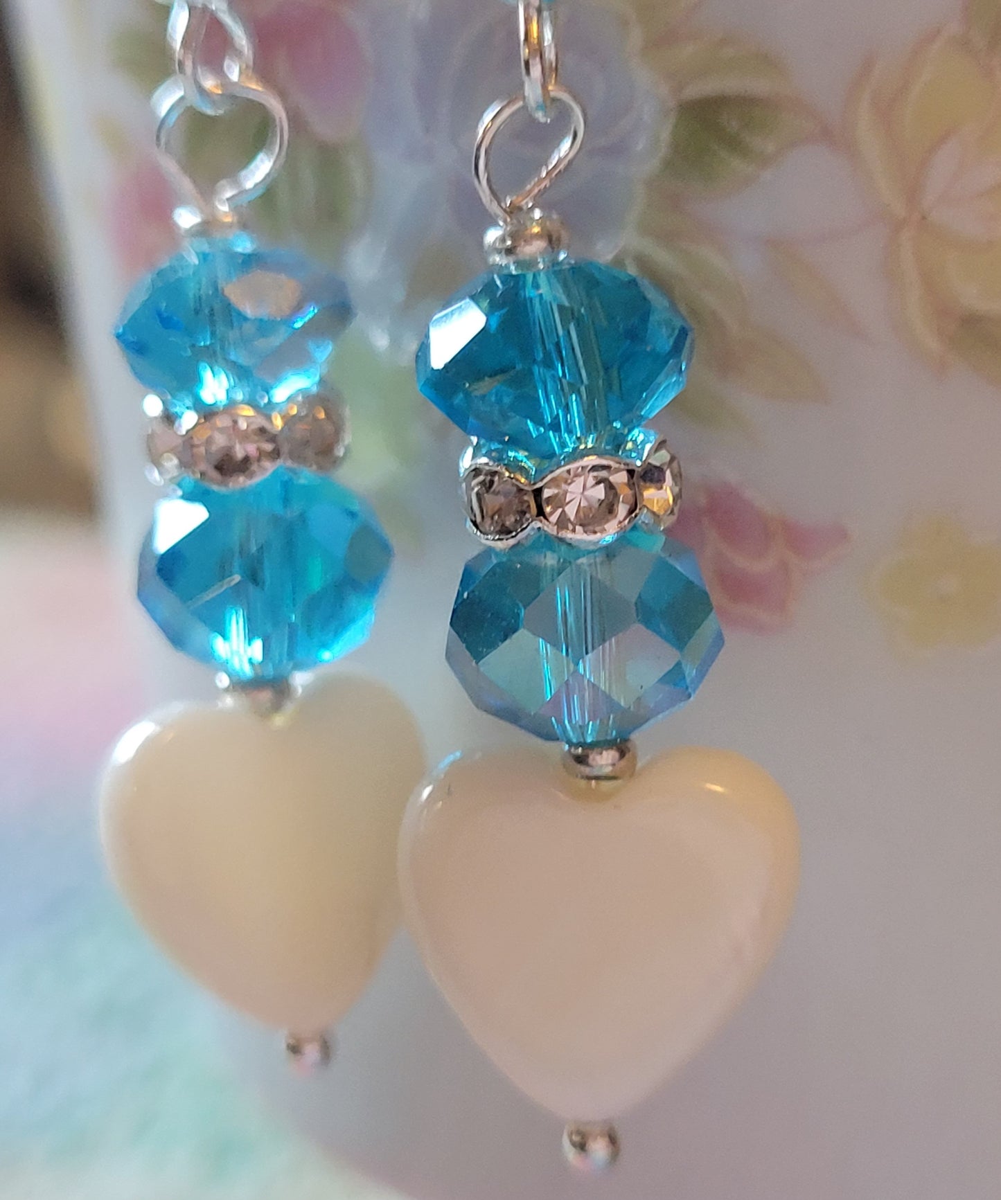 Artisan White Heart BLUE  Crystal & Rhinestone Dangle Drop Silvertone Fashion Earrings French Wire