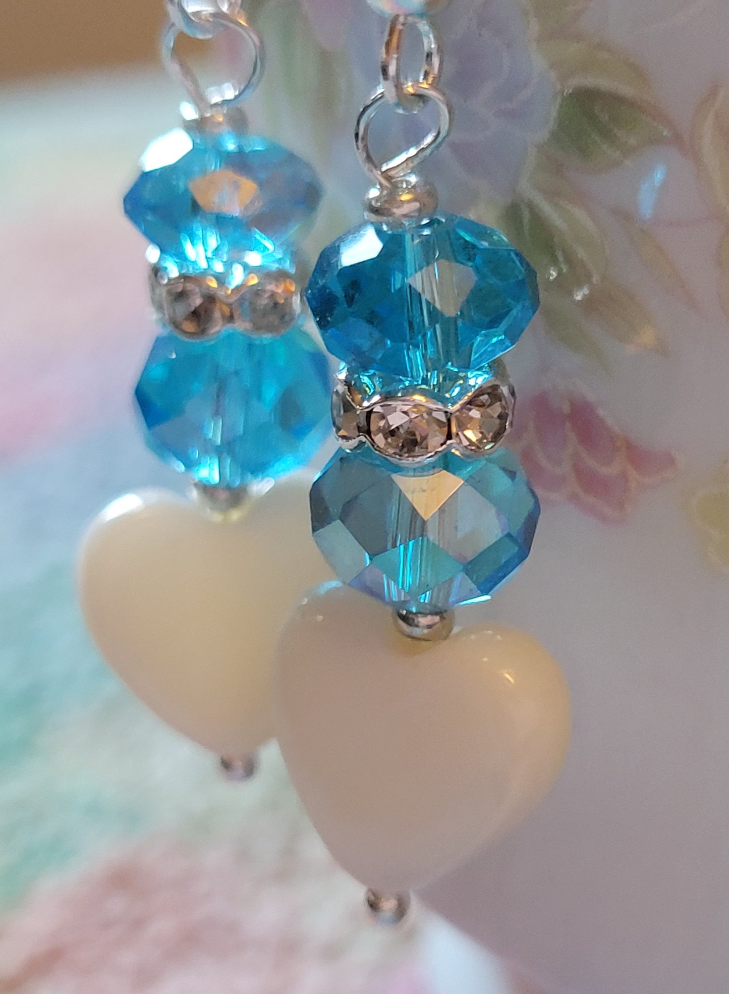 Artisan White Heart BLUE  Crystal & Rhinestone Dangle Drop Silvertone Fashion Earrings French Wire