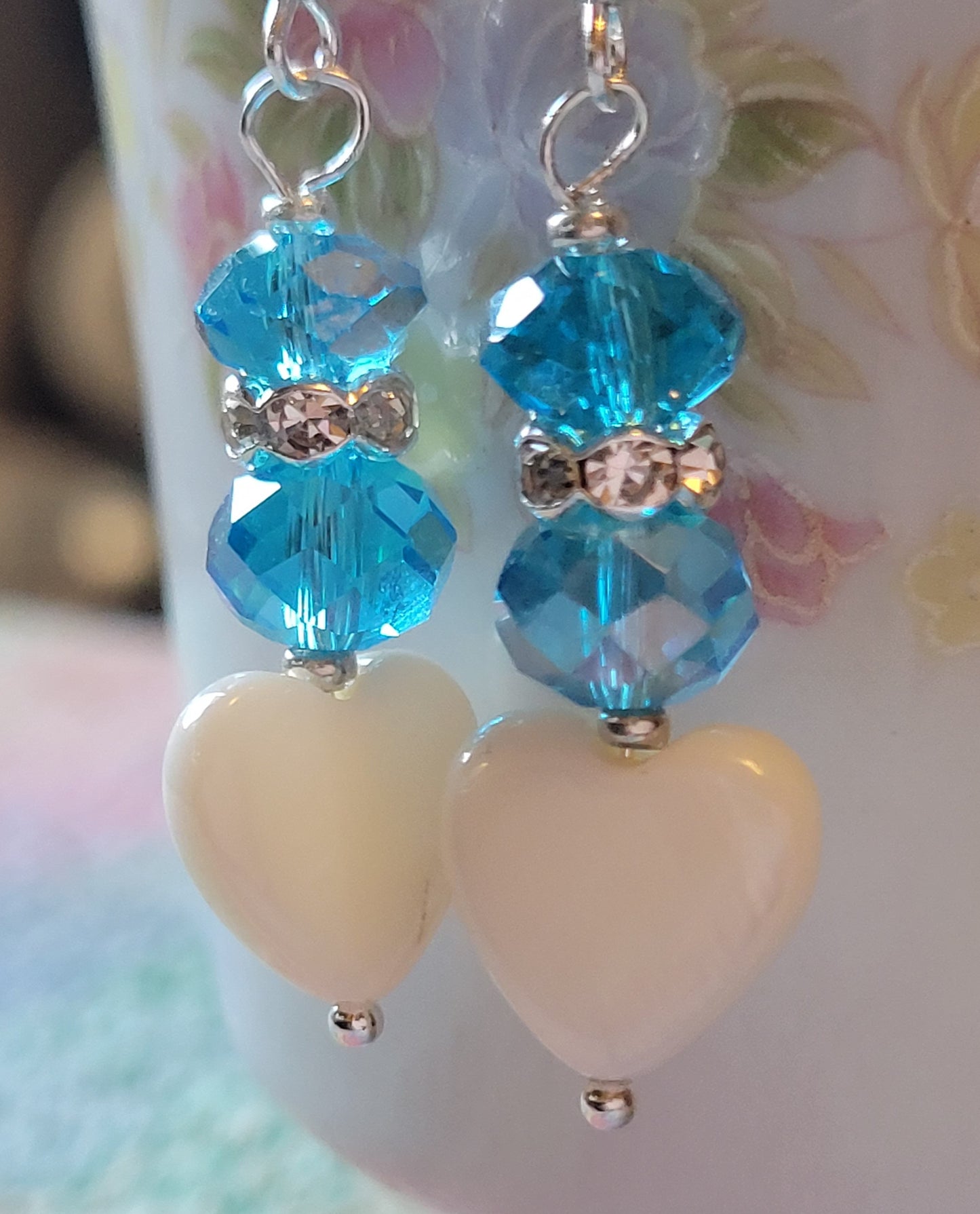 Artisan White Heart BLUE  Crystal & Rhinestone Dangle Drop Silvertone Fashion Earrings French Wire