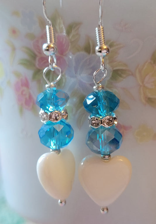 Artisan White Heart BLUE  Crystal & Rhinestone Dangle Drop Silvertone Fashion Earrings French Wire