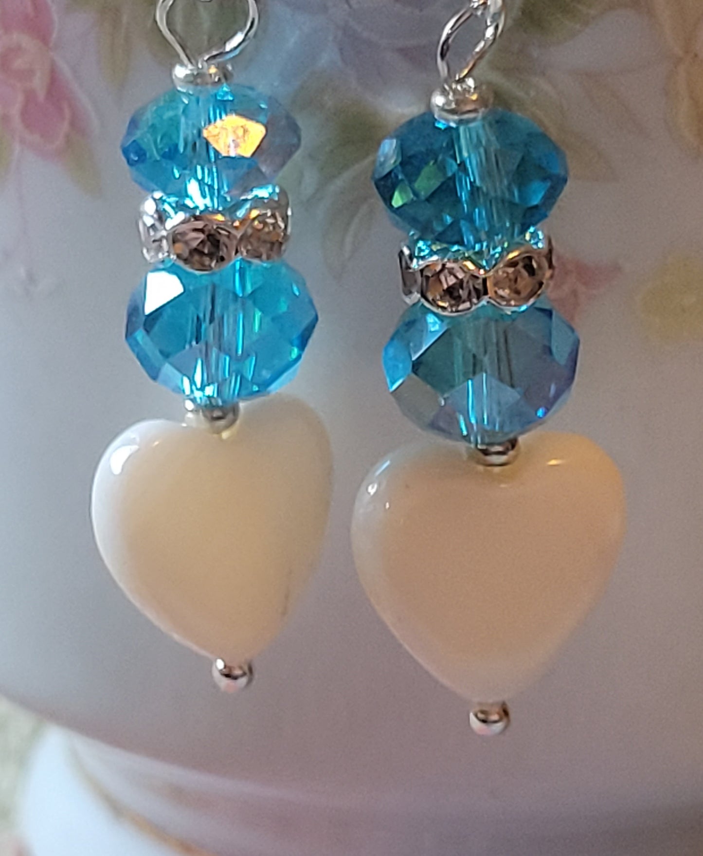 Artisan White Heart BLUE  Crystal & Rhinestone Dangle Drop Silvertone Fashion Earrings French Wire
