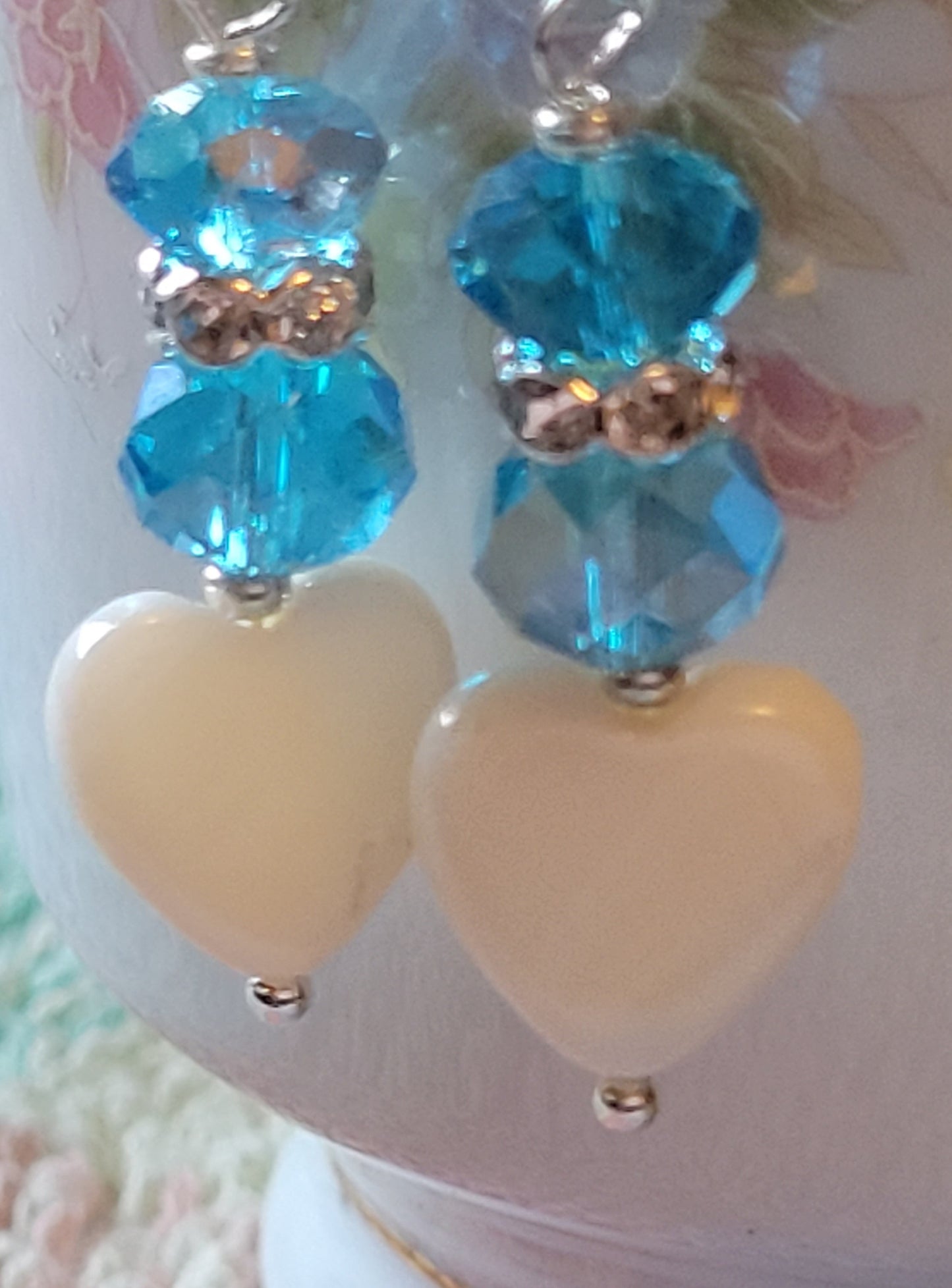 Artisan White Heart BLUE  Crystal & Rhinestone Dangle Drop Silvertone Fashion Earrings French Wire