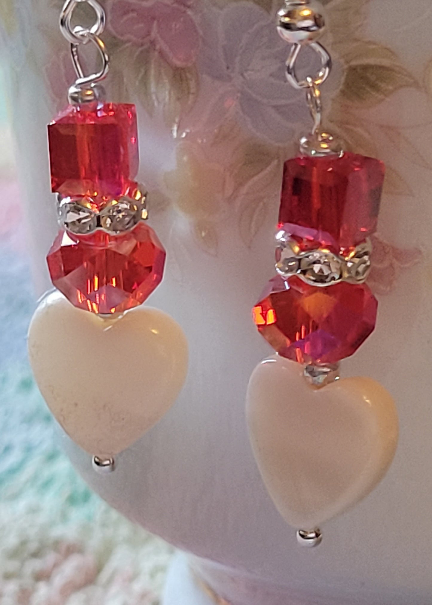 Artisan White Heart RED Crystal & Rhinestone Dangle Drop Silvertone Fashion Earrings French Wire