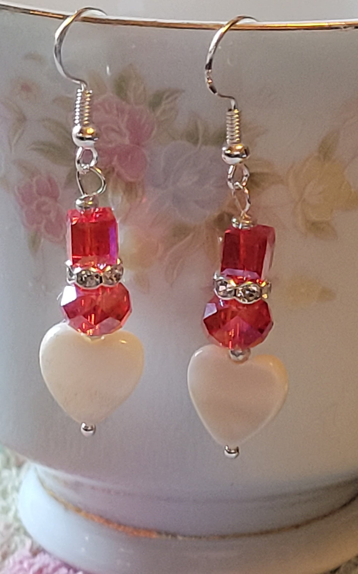 Artisan White Heart RED Crystal & Rhinestone Dangle Drop Silvertone Fashion Earrings French Wire