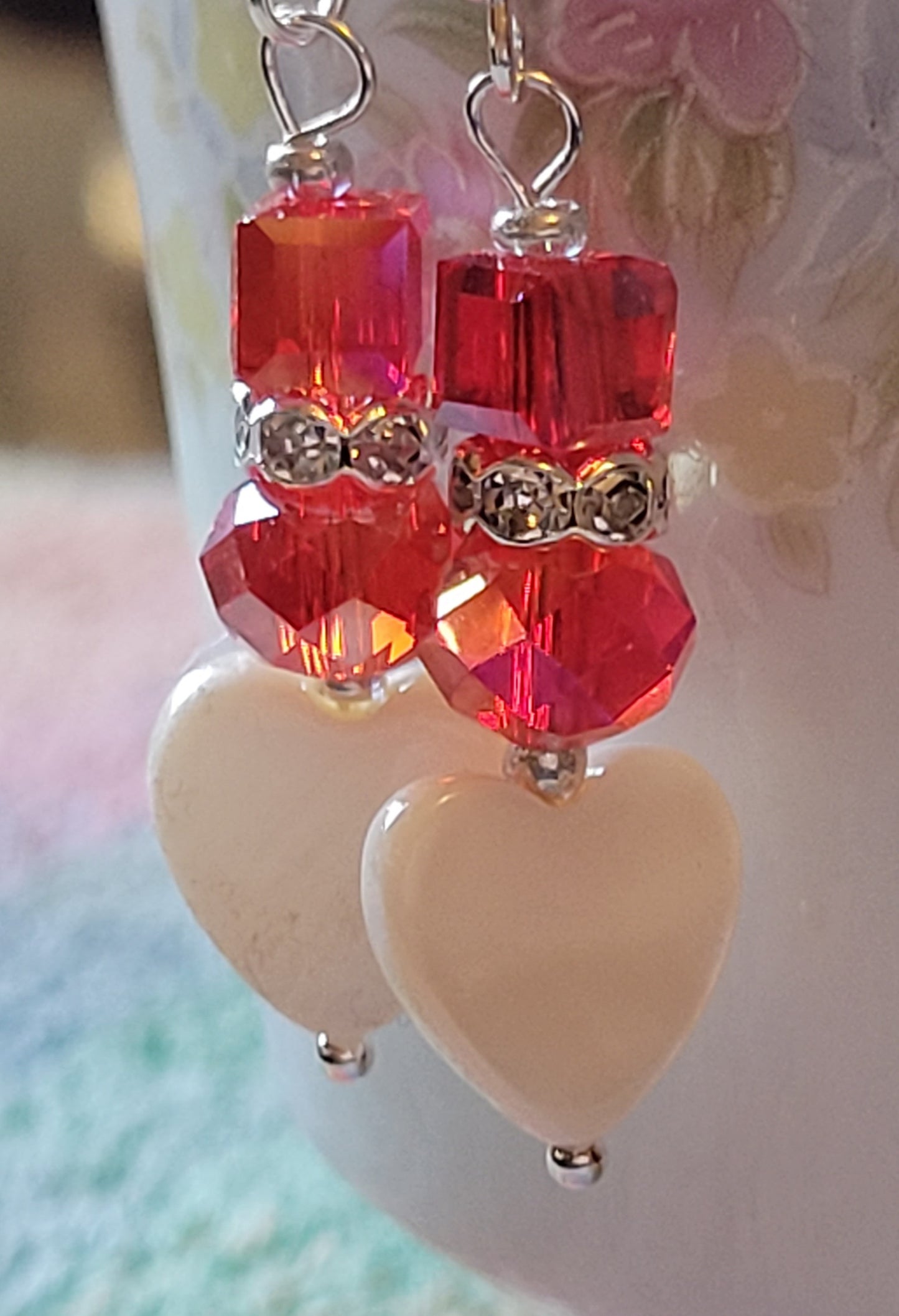 Artisan White Heart RED Crystal & Rhinestone Dangle Drop Silvertone Fashion Earrings French Wire