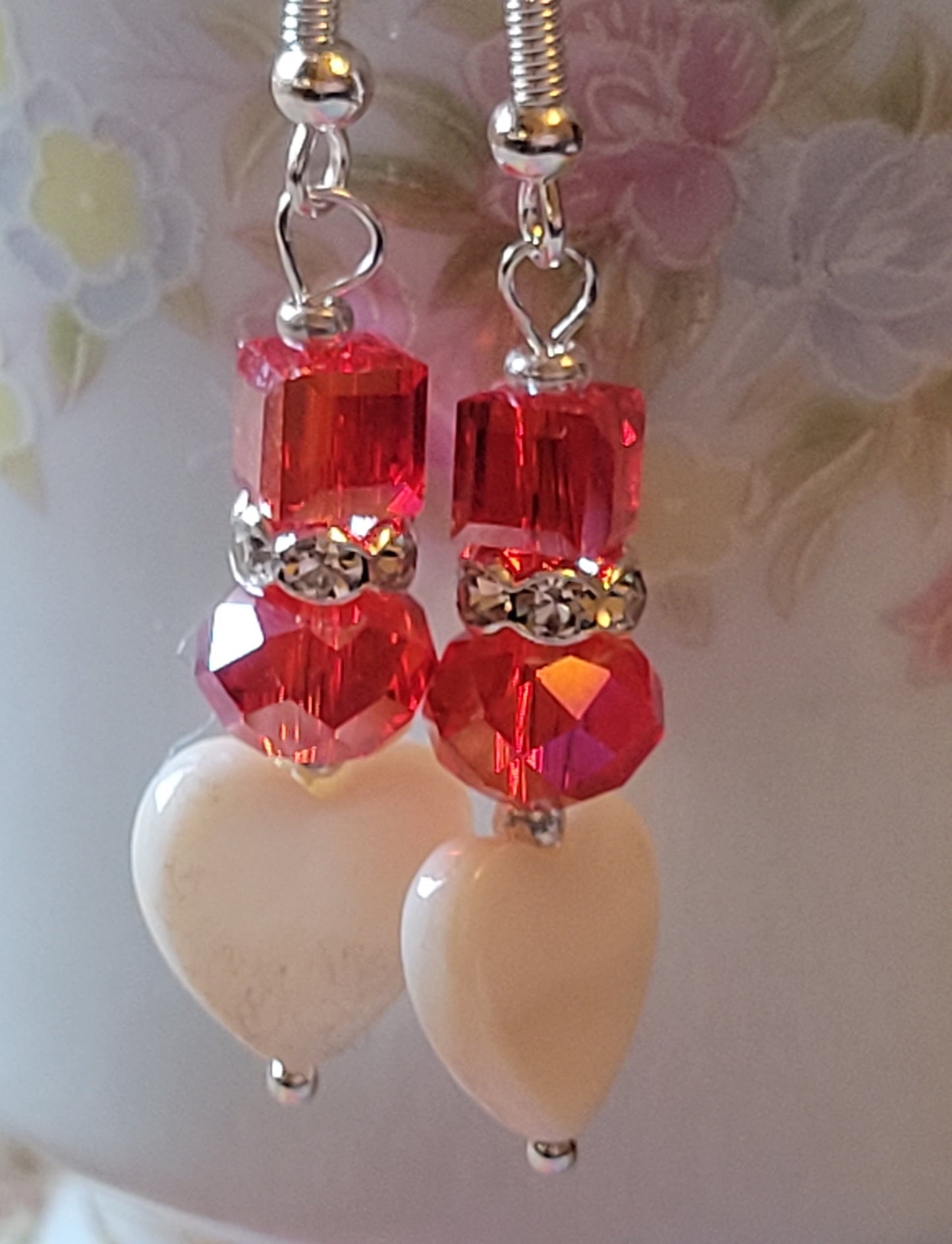 Artisan White Heart RED Crystal & Rhinestone Dangle Drop Silvertone Fashion Earrings French Wire