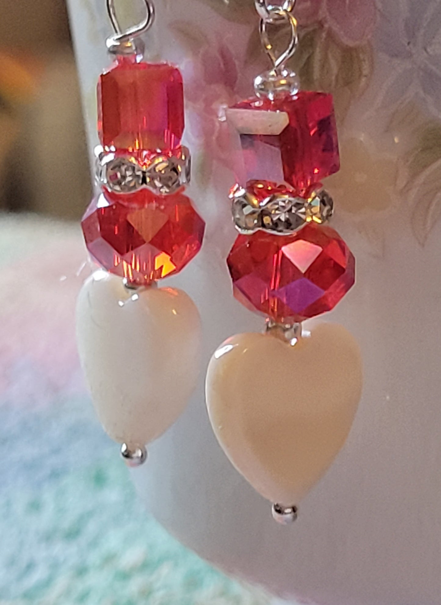 Artisan White Heart RED Crystal & Rhinestone Dangle Drop Silvertone Fashion Earrings French Wire