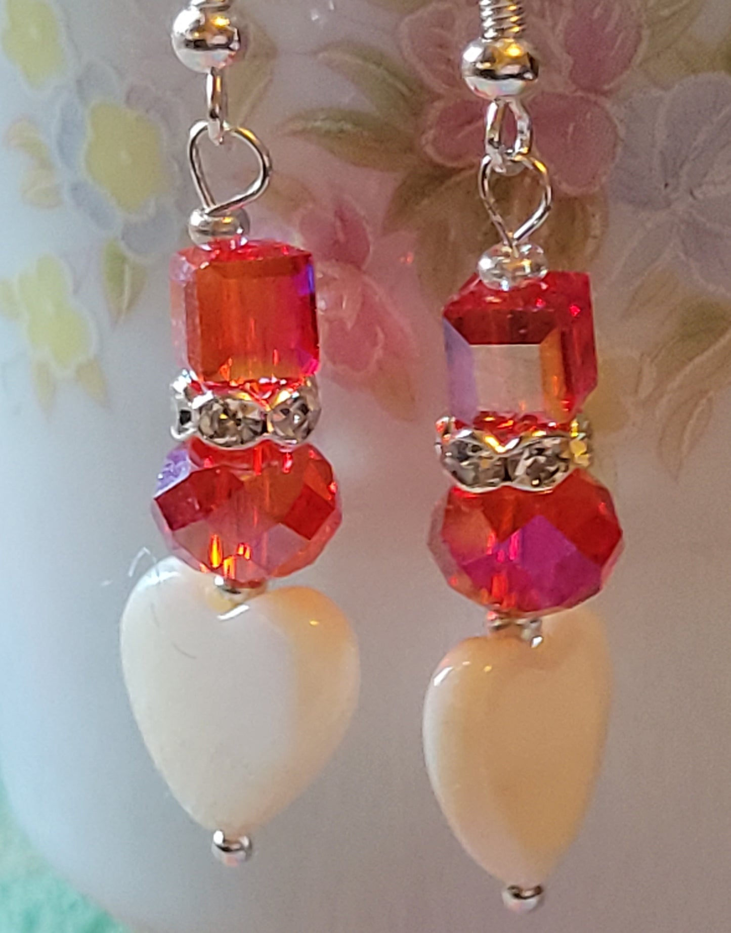 Artisan White Heart RED Crystal & Rhinestone Dangle Drop Silvertone Fashion Earrings French Wire