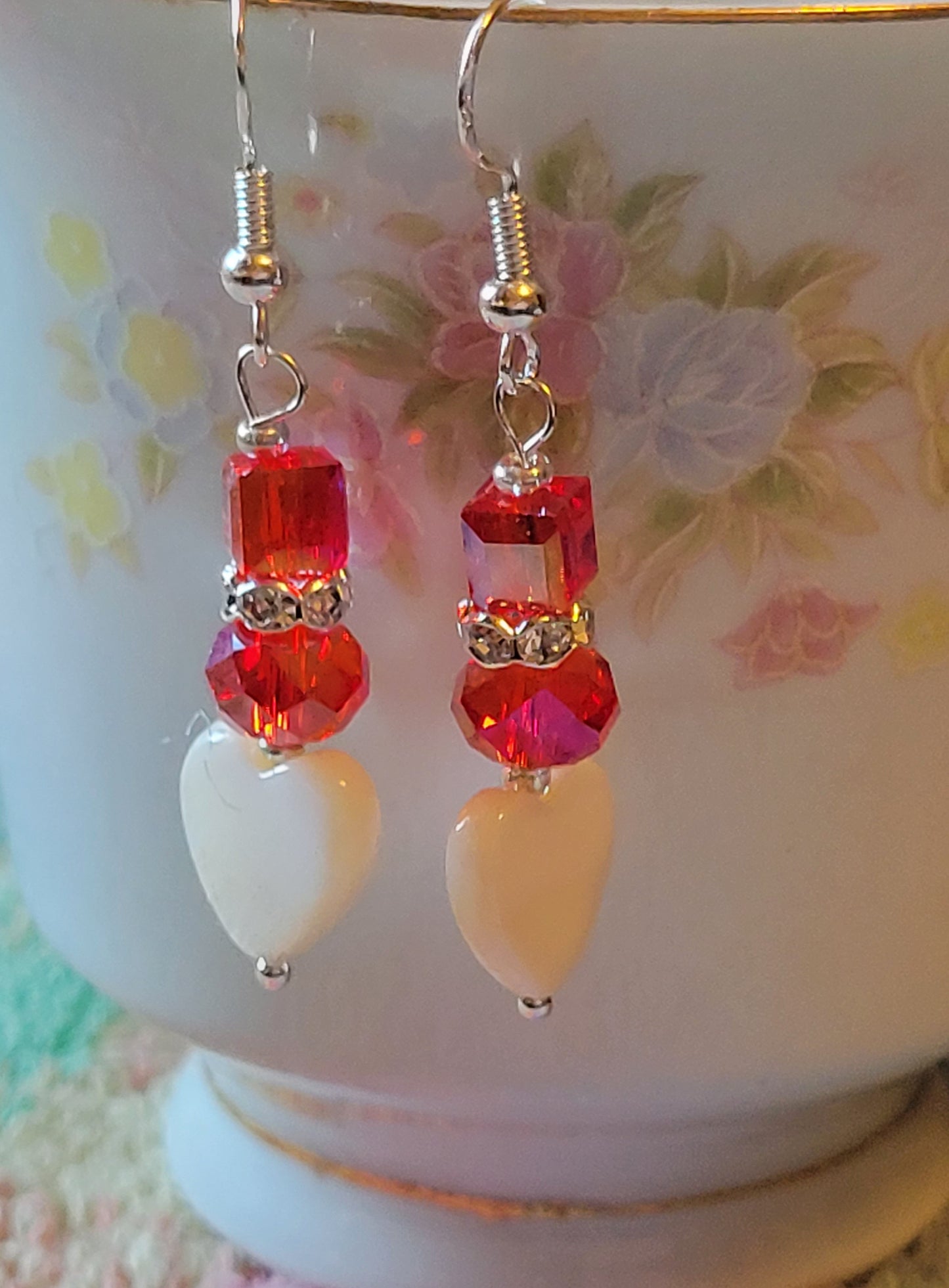 Artisan White Heart RED Crystal & Rhinestone Dangle Drop Silvertone Fashion Earrings French Wire