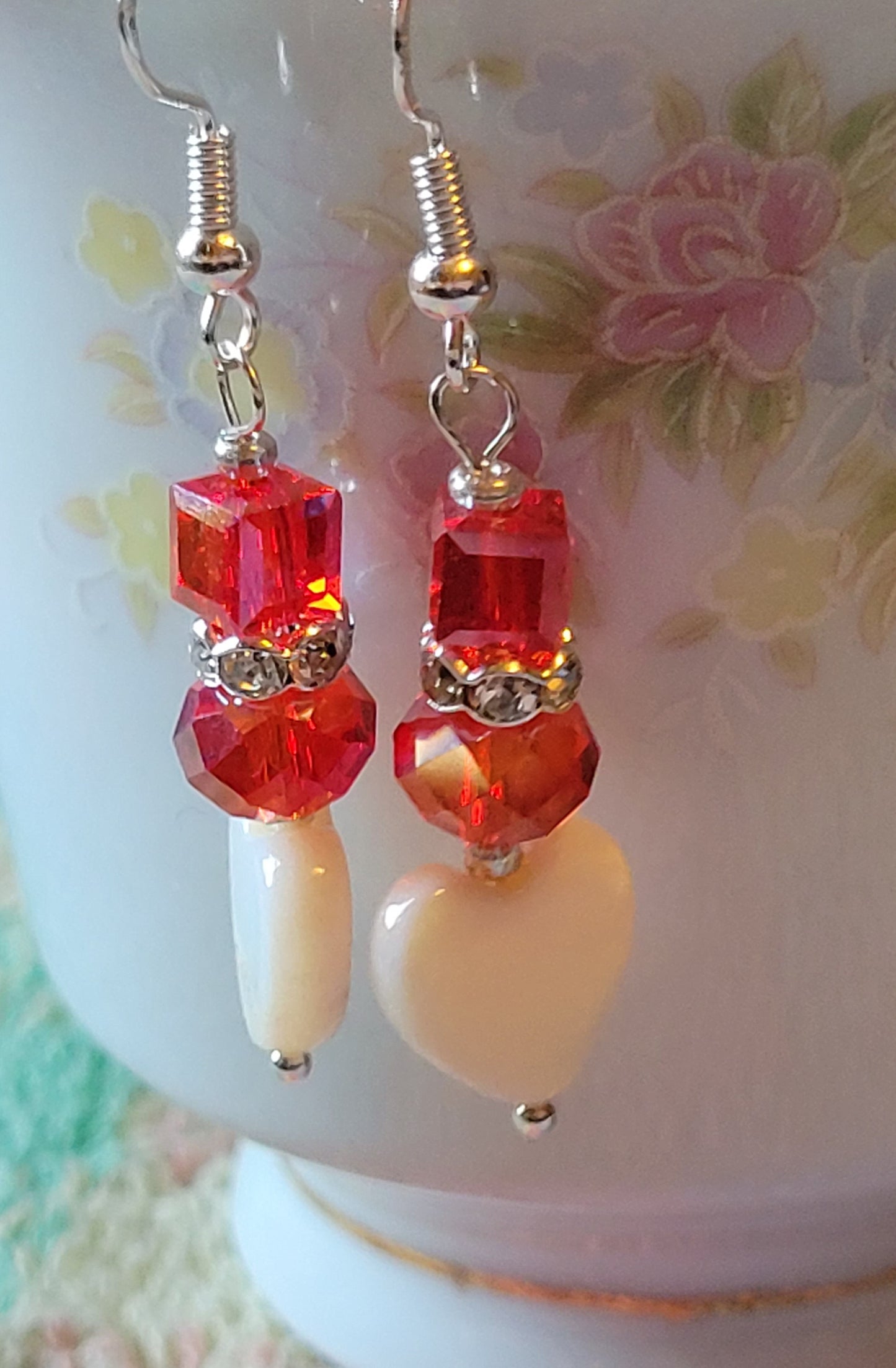 Artisan White Heart RED Crystal & Rhinestone Dangle Drop Silvertone Fashion Earrings French Wire