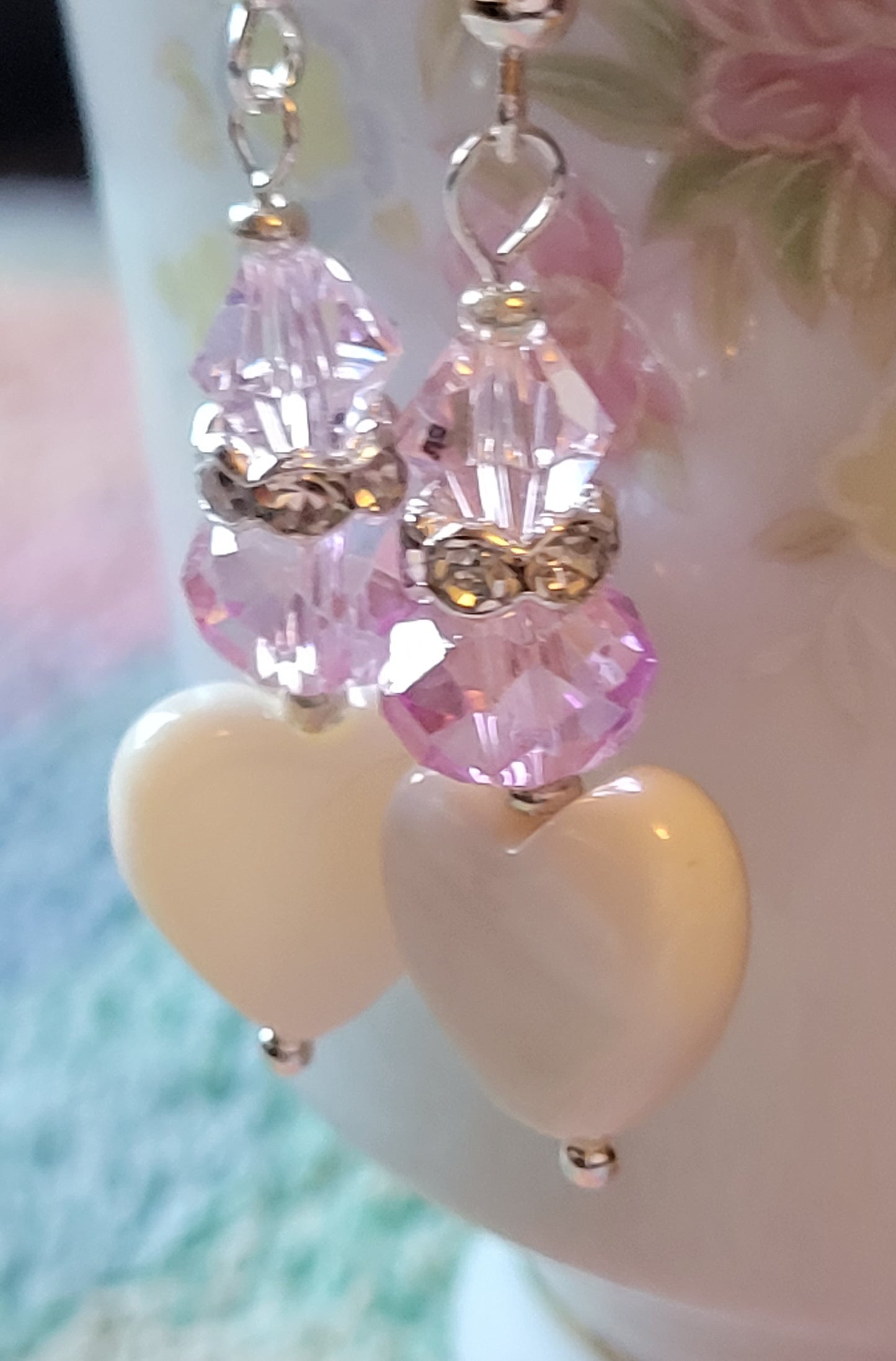 Artisan White Heart Pink Crystal & Rhinestone Dangle Drop Silvertone Fashion Earrings French Wire