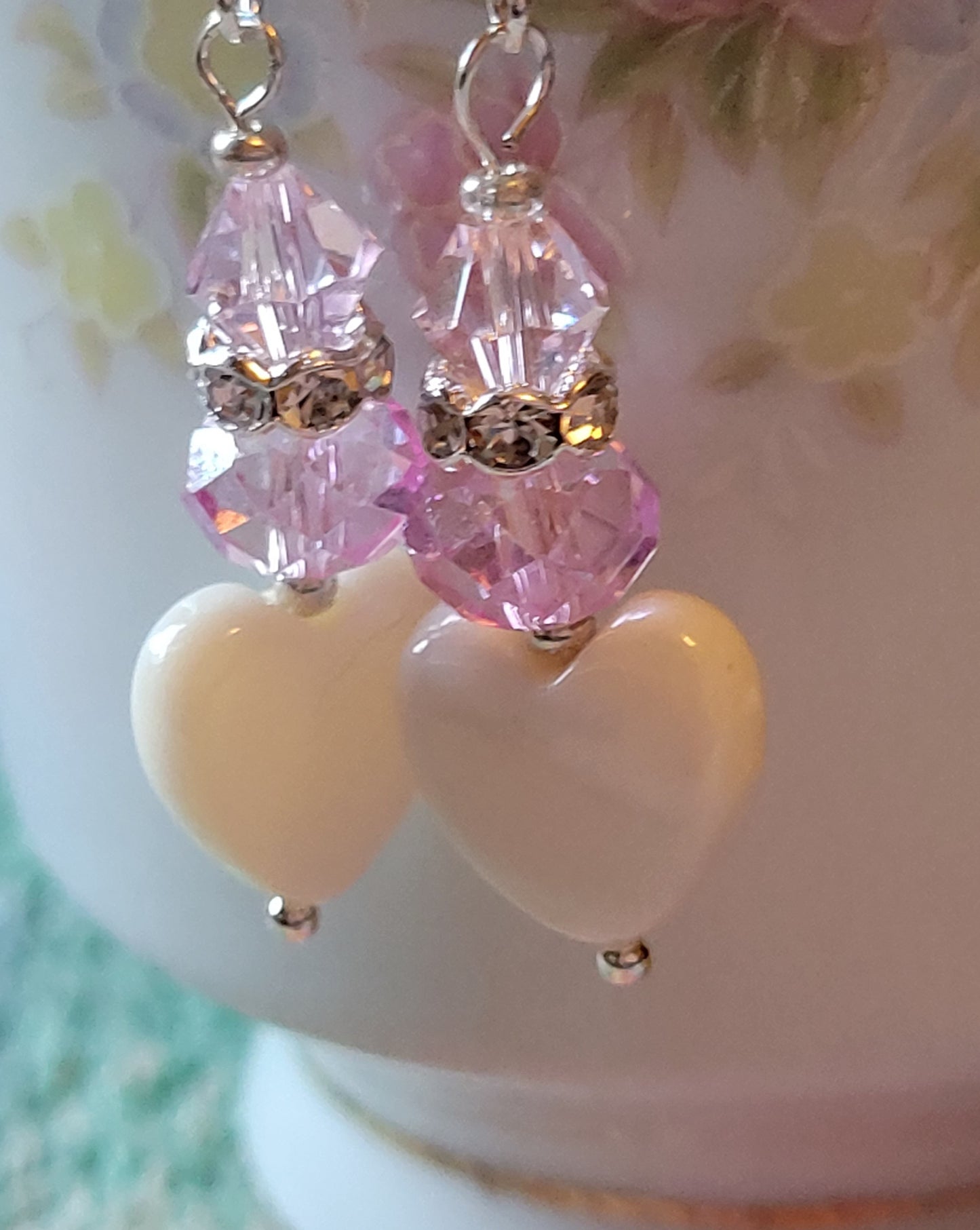 Artisan White Heart Pink Crystal & Rhinestone Dangle Drop Silvertone Fashion Earrings French Wire
